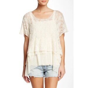 Free People Ivory Lace Layered Boho Top Women’s Size M Sheer Crochet Tunic Roman